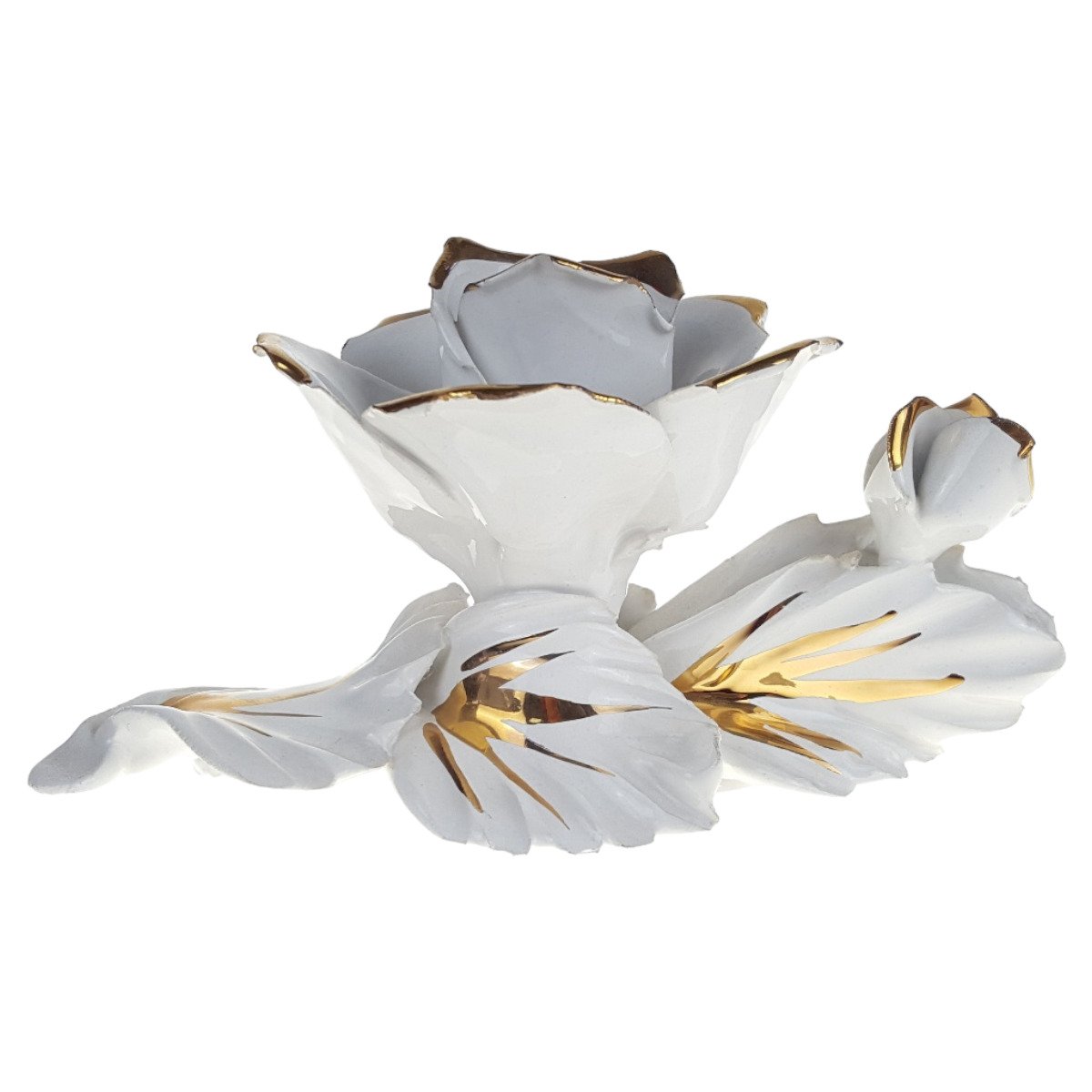 Kerzenhalter 8 cm Rose Porzellan Deko weiß gold