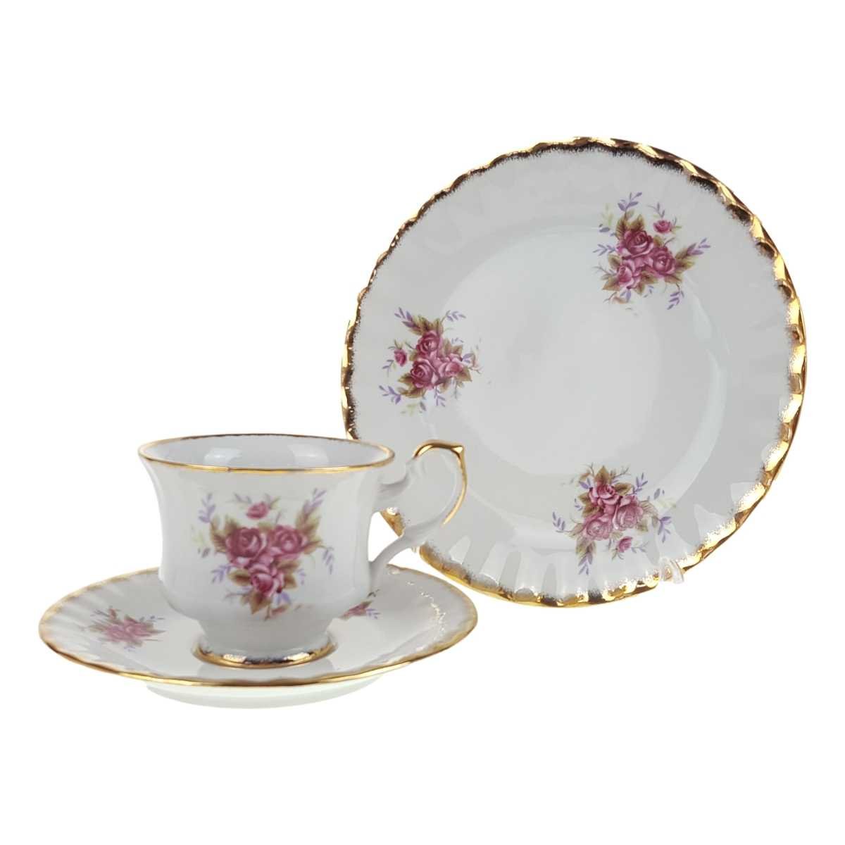 Gedeck Sammelgedeck Goldrand 3tlg Fena Porzellan rosa Dekor gebraucht - gut