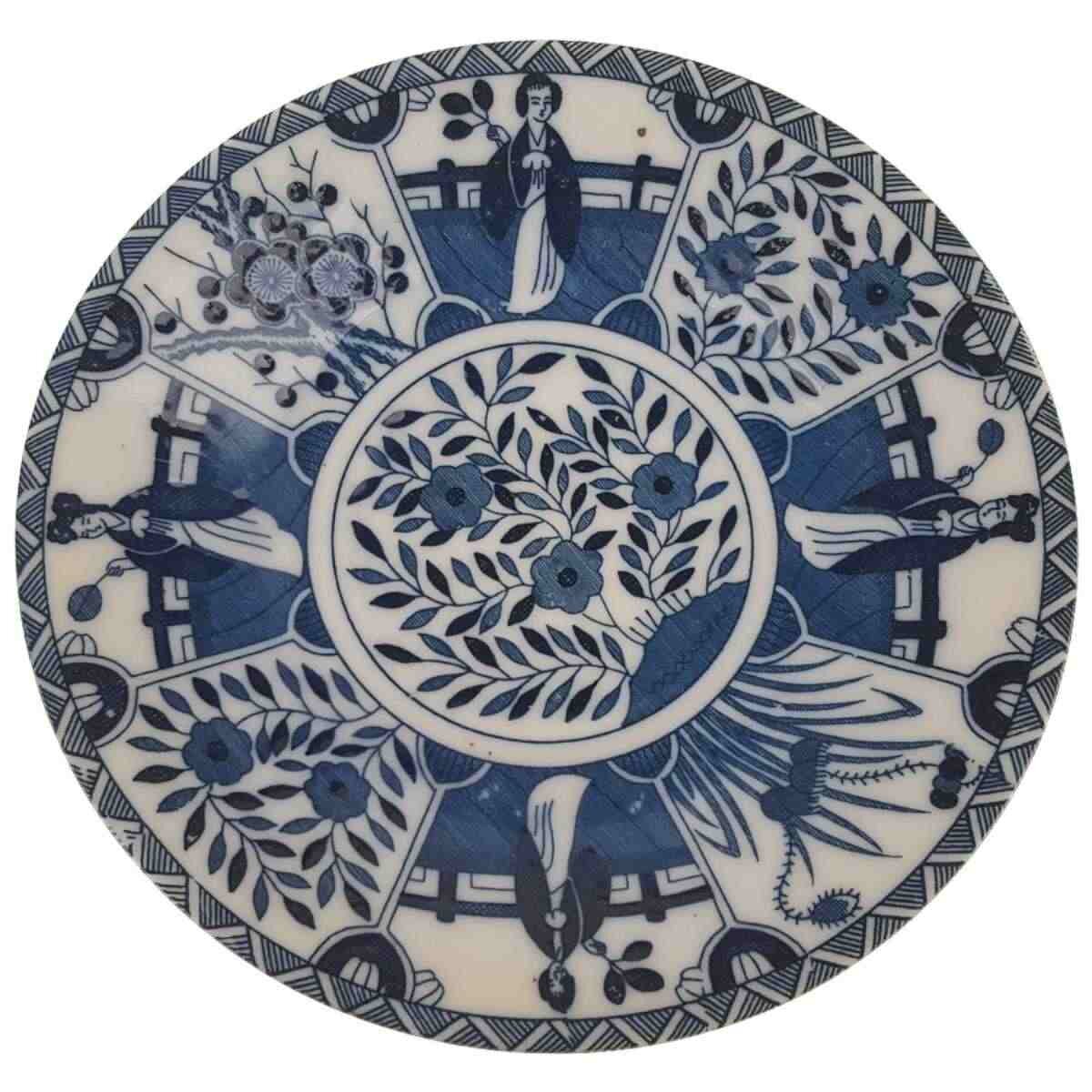 Untertasse ohne Stempel 13 cm Japan China Geisha Blau Weiß gebraucht - gut