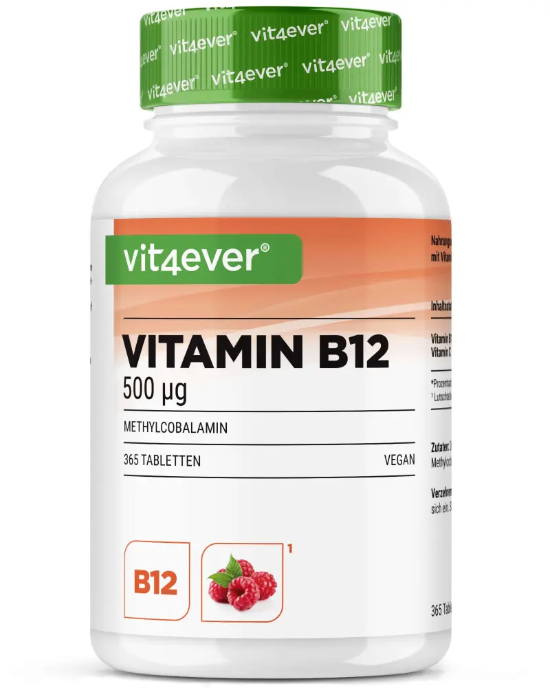Vitamin B12 500 mcg - Aktives B12 Methylcobalamin - 365 Lutschtabletten - Himbeergeschmack
