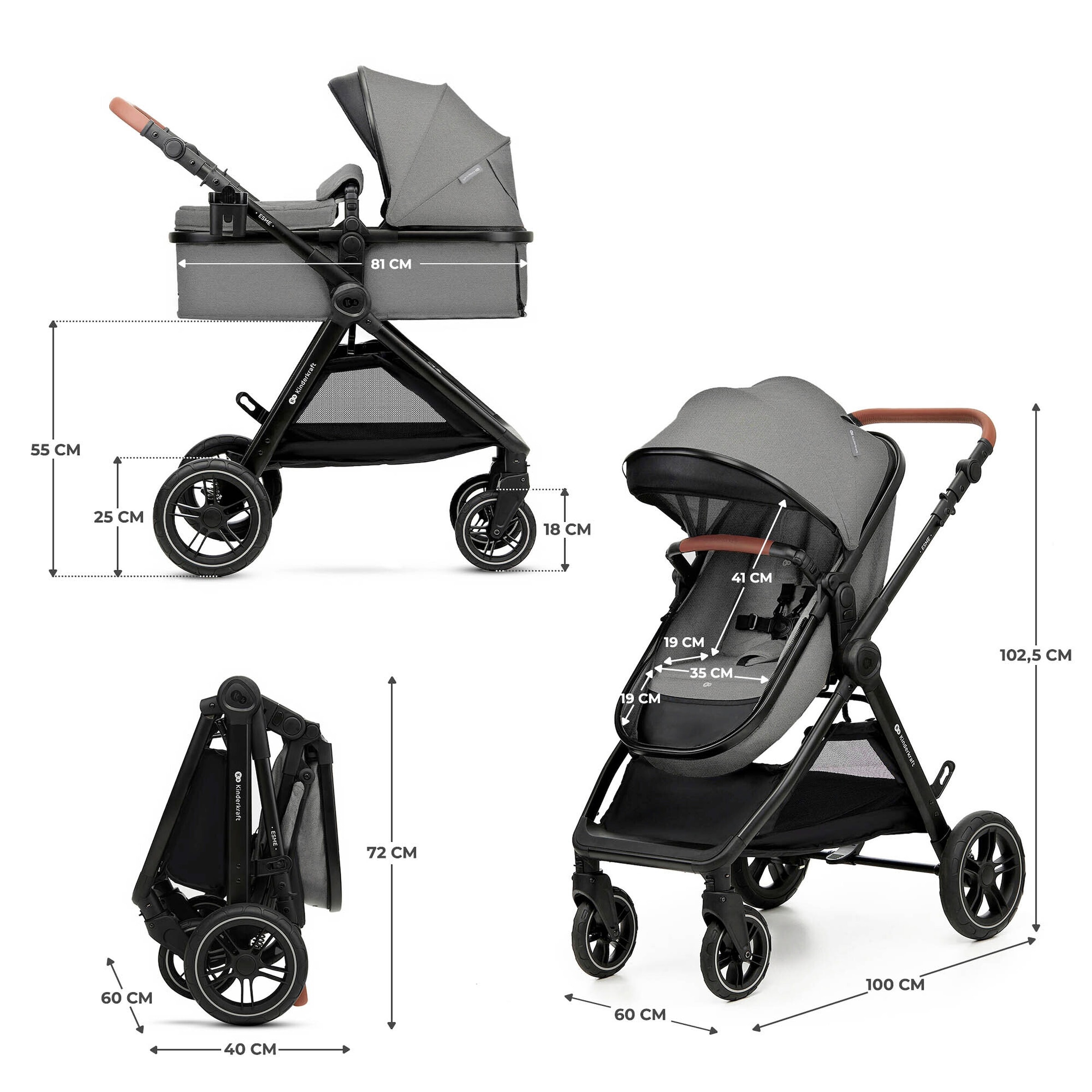 Kinderkraft Kombikinderwagen Trio-Set ESME PRO 3in1 inkl. Babyschale MINK PRO 2 grau