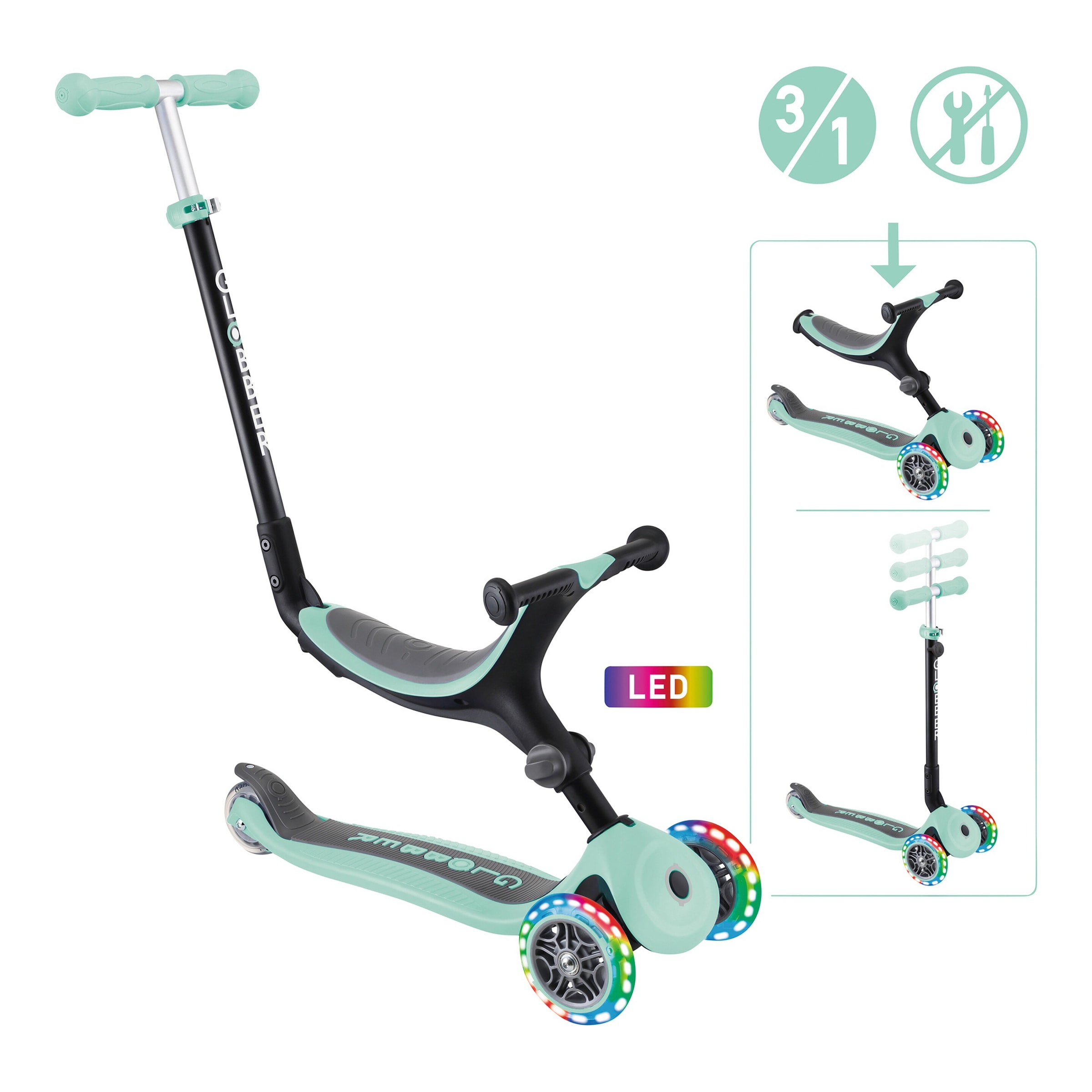 Globber 3in1 Scooter Go-Up mit Leuchtrollen