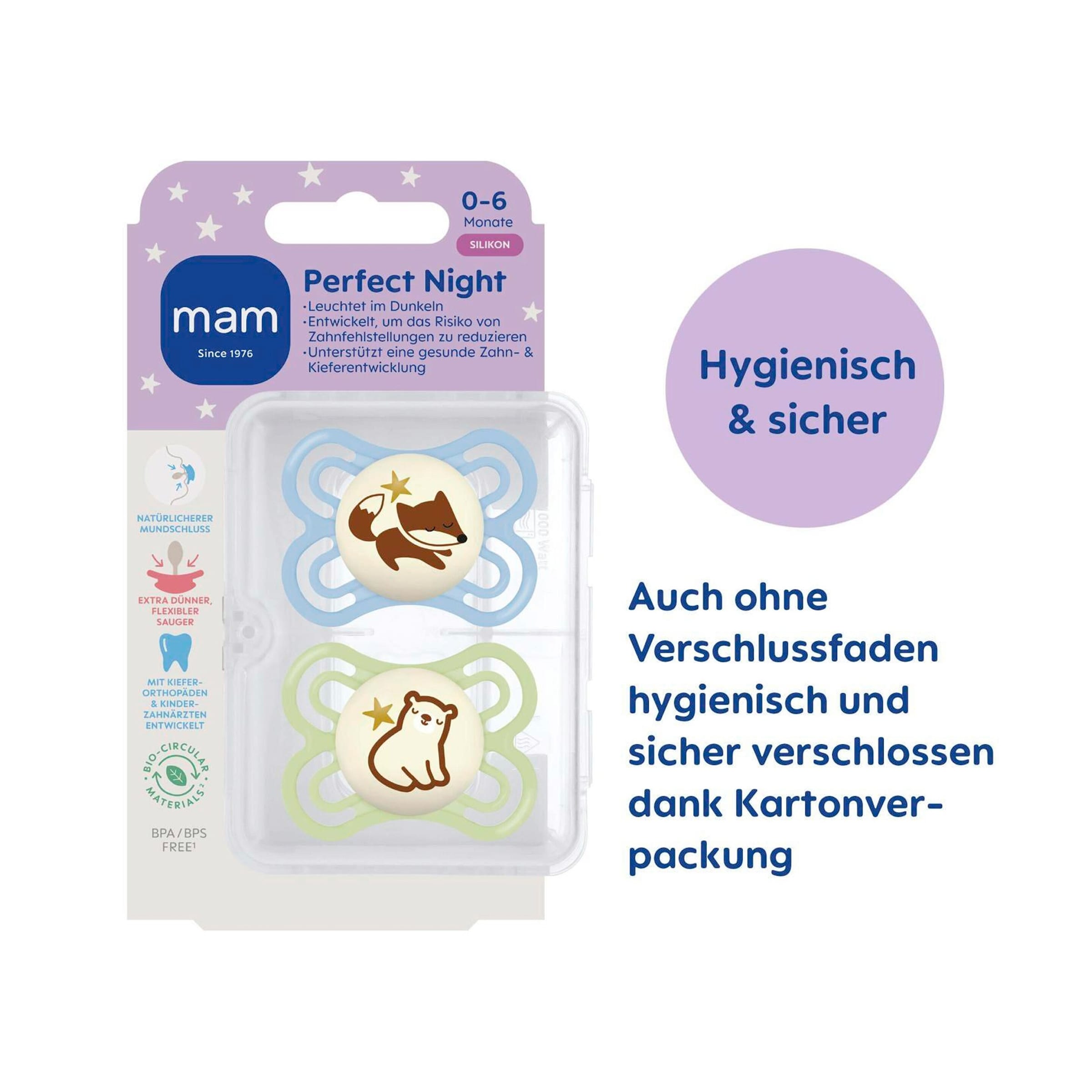 Mam 2er-Pack Schnuller Perfect Night Silikon, 0-6M