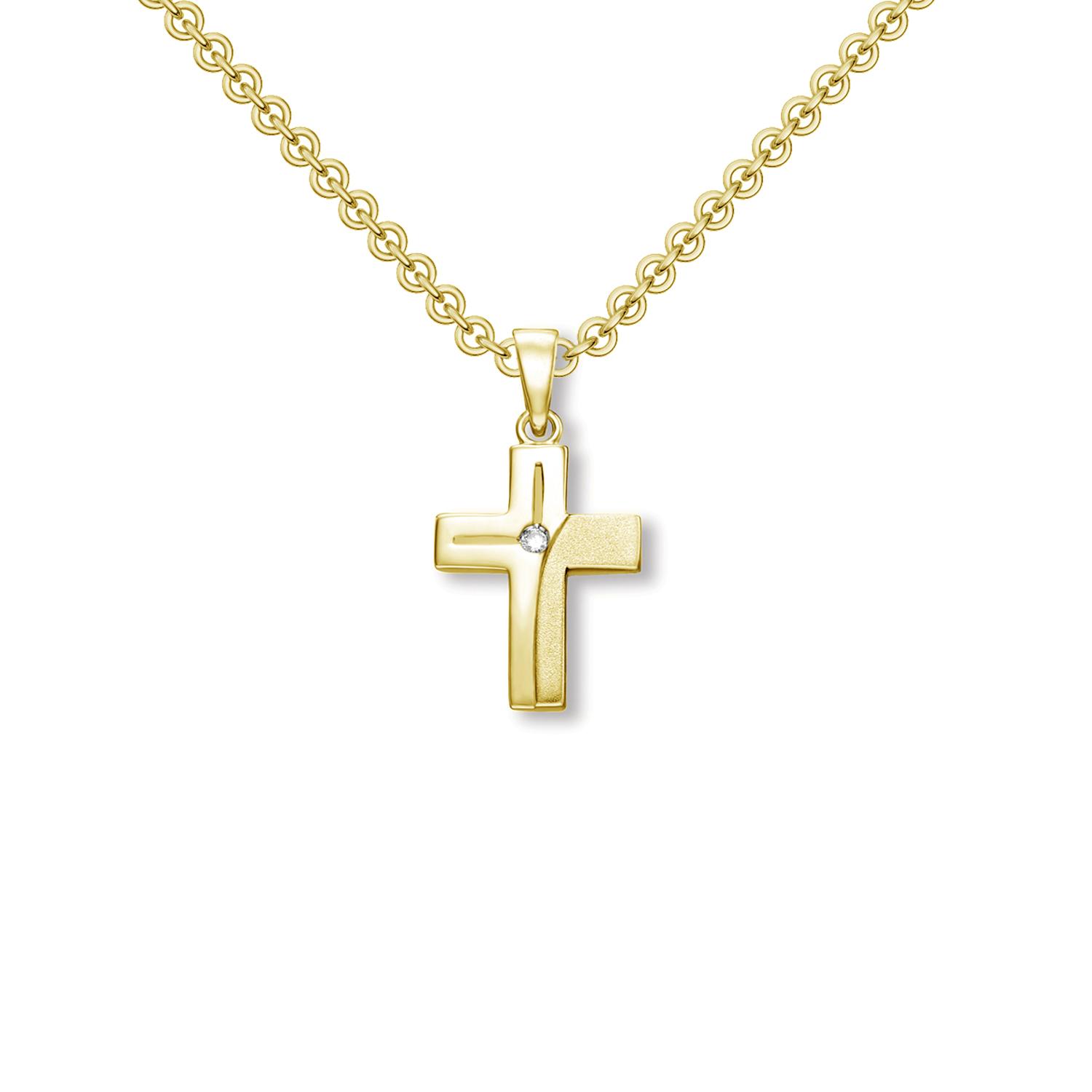 Kreuzkette Gold 45cm (Silber 925 hochwertig vergoldet) mit Zirkonia +LUXUSETUI, Halskette Kreuz Kette Stein wie Diamant, Kreuzanhänger Taufe