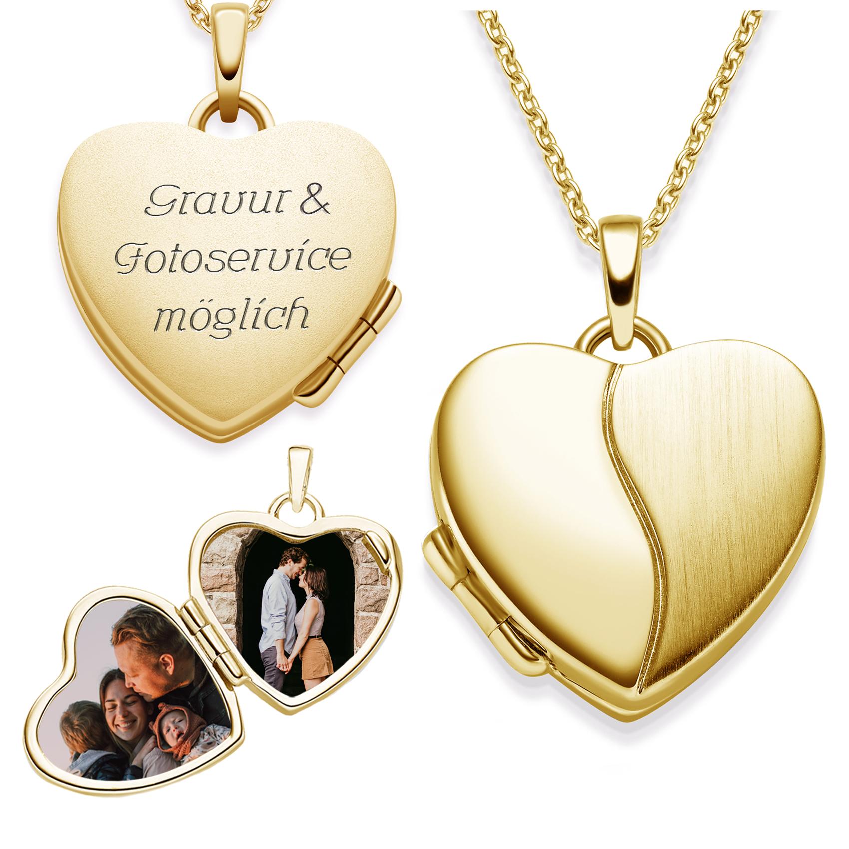 Medaillon mit Foto und Gravur zum Öffnen (Silber 925 vergoldet) Kette mit Gravur vergoldet Herz Anhänger Gold zum Öffnen Geschenk (inkl. Foto-Service)
