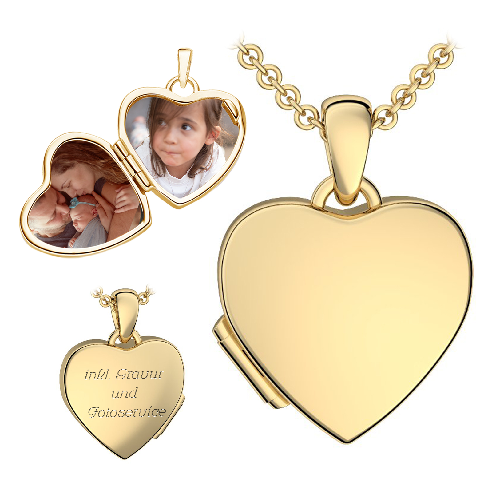 Kinder Medaillon Herz zum Öffnen für Bilder in Gold (Silber 925 vergoldet) von AMOONIC I Halskette Mädchen Kette 38cm I Foto Upload Service & Gravur