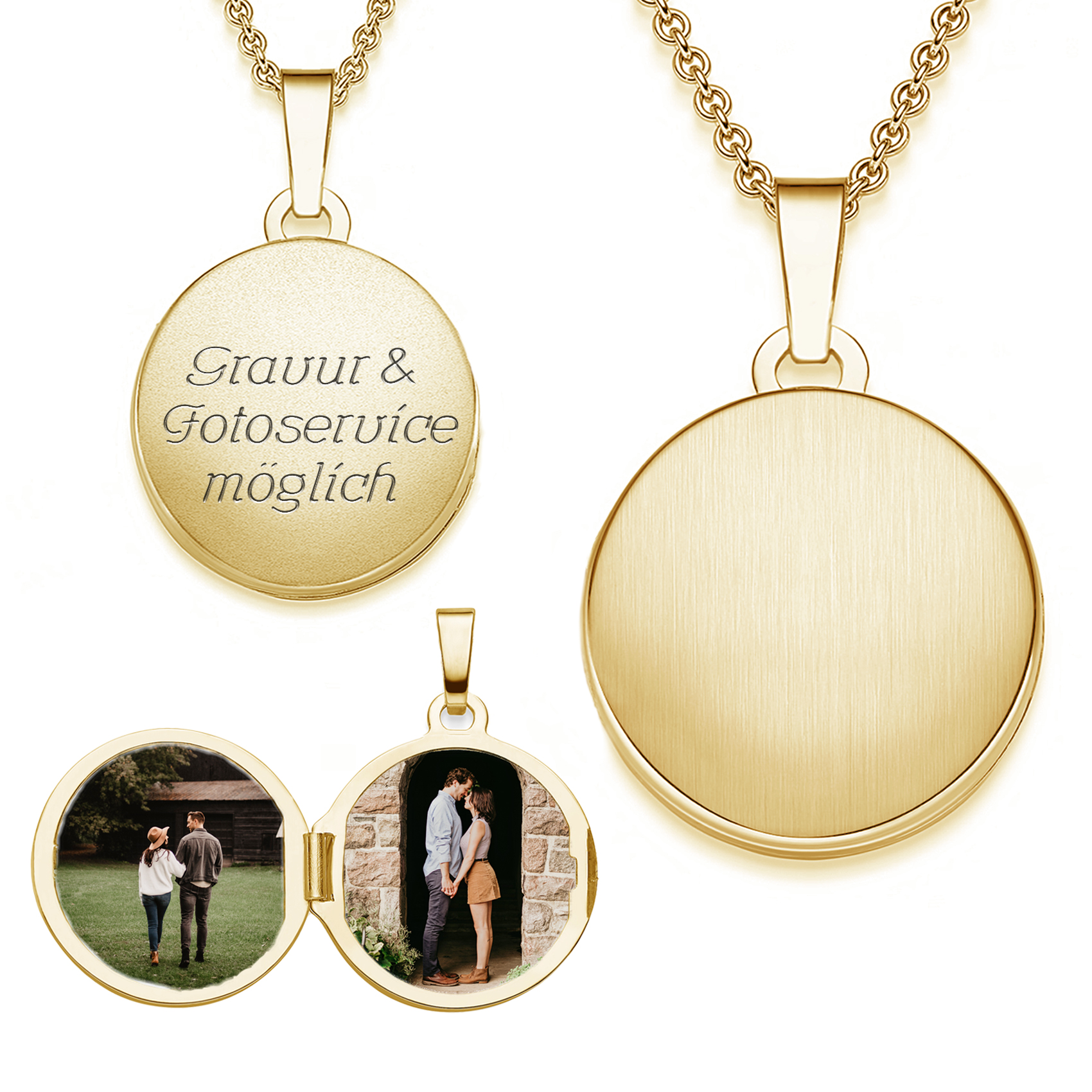 Damen Medaillon rund zum Öffnen für Bilder in Gold (Silber 925 Gelbgold vergoldet) von Amoonic I Foto Upload Service & Gravur I Rundes Medallion aufklappbar, gravierbar mit Kette für Frauen Mama Freundin