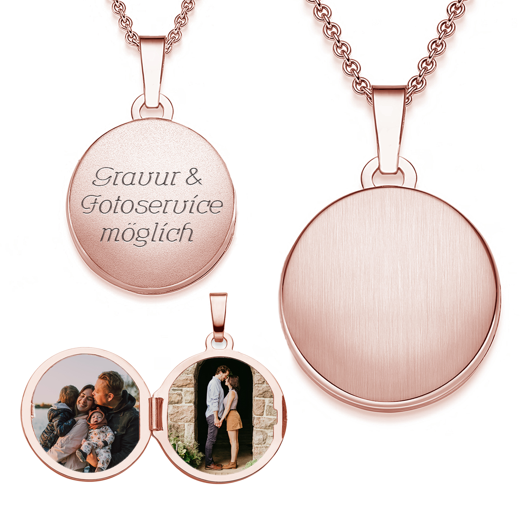 Damen Medaillon rund zum Öffnen für Bilder in Rosegold (Silber 925 vergoldet) von Amoonic I Foto Upload Service & Gravur I Rundes Medallion aufklappbar, gravierbar mit Kette für Frauen Mama Freundin