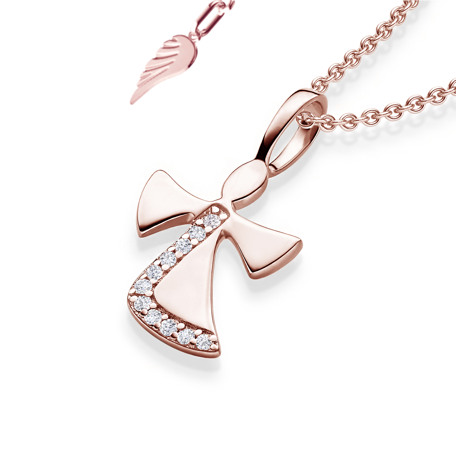 Engelanhänger Engel Kette Rosegold hochwertig vergoldet Zirkonia Schutzengel Anhänger Engelanhänger  inkl. Luxus-Etui +  Taufkette Engel für Kinder