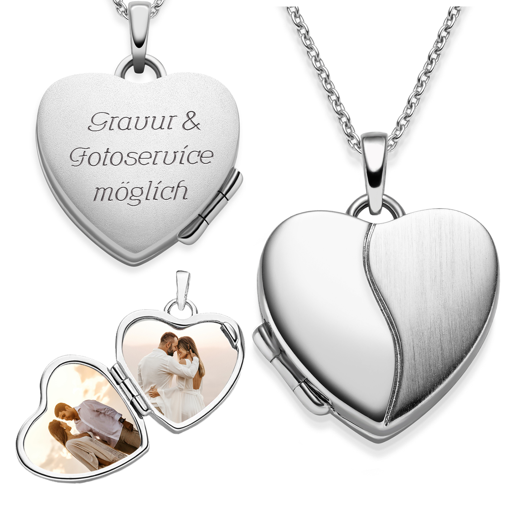 Herzkette mit Bild zum Aufklappen Medaillon Kette Silber mit Gravur Kette mit Namen für 2 Bilder Geburtstag Jahrestag Geschenk-Idee Freundin Schmuck