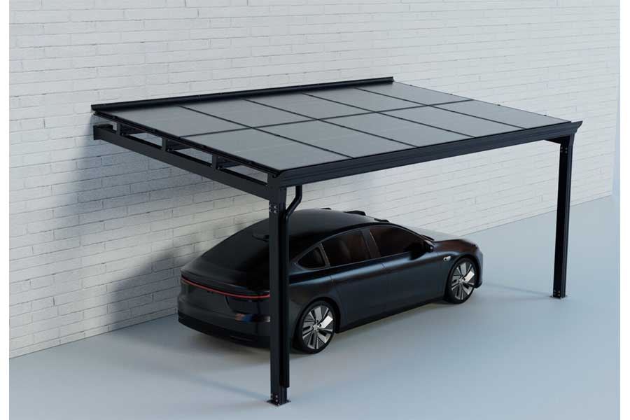 Carport Modular mit Wandanschluß, Aluminium mit Solardach für 1 PKW, beidseitig Glasmodule, Modulleistung 440 W, 10 Module pro Carport, Caportmaße 2650 mm (B) x 5070 mm (T) x 3090 mm (H)