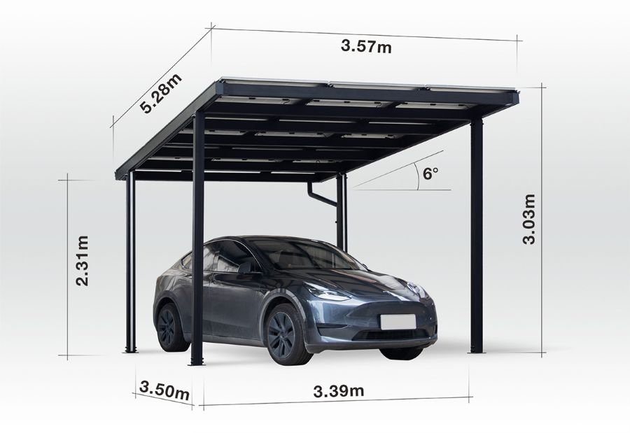 Carport Singular, Aluminium mit Solardach für 1 PKW, beidseitig Glasmodule, Modulleistung 440 W, 9 Module pro Carport, Caportmaße  3571 mm (B) x 3040 mm (H) x 5268 mm (T)