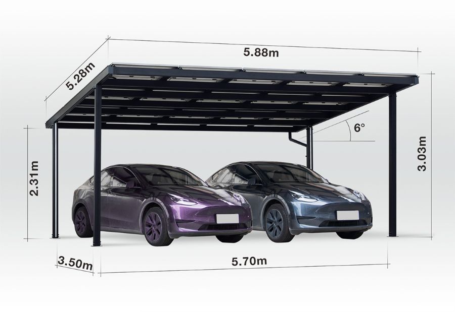 Carport Singular, Aluminium mit Solardach für 2 PKW, beidseitig Glasmodule, Modulleistung 440 W, 15 Module pro Carport, Caportmaße 5878 mm (B) x 3035 mm (H) x 5272 mm (T)
