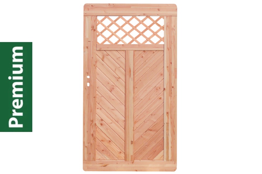 Premium Douglasie Gartentür, Sichtschutzzaun Holz, 100 cm (B) x 178,5 cm (H), Fischgrätmuster mit Mittelsträbe und Gitter in Rautenform - natur