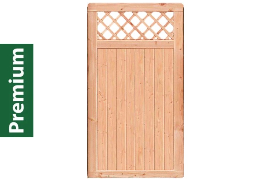 Premium Douglasie Sichtschutzzaun Holz, 98,5 cm (B) x 178,5 cm (H), Senkrechtfüllung mit Mittelsträbe und waagerechtem Gittereinsatz - natur