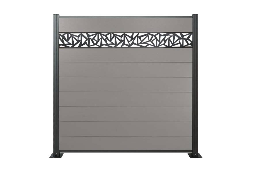 WPC Zaun, grau, Komplettset mit Designelement, 20 mm (Stärke) x 1800 mm (Breite) x 1850 mm (Höhe),  Sichtschutz / Steckzaun / Modulares Zaunsystem  inkl. Start- und Abschlussprofil (Serie WoodoNorderney+ ohne Pfosten)