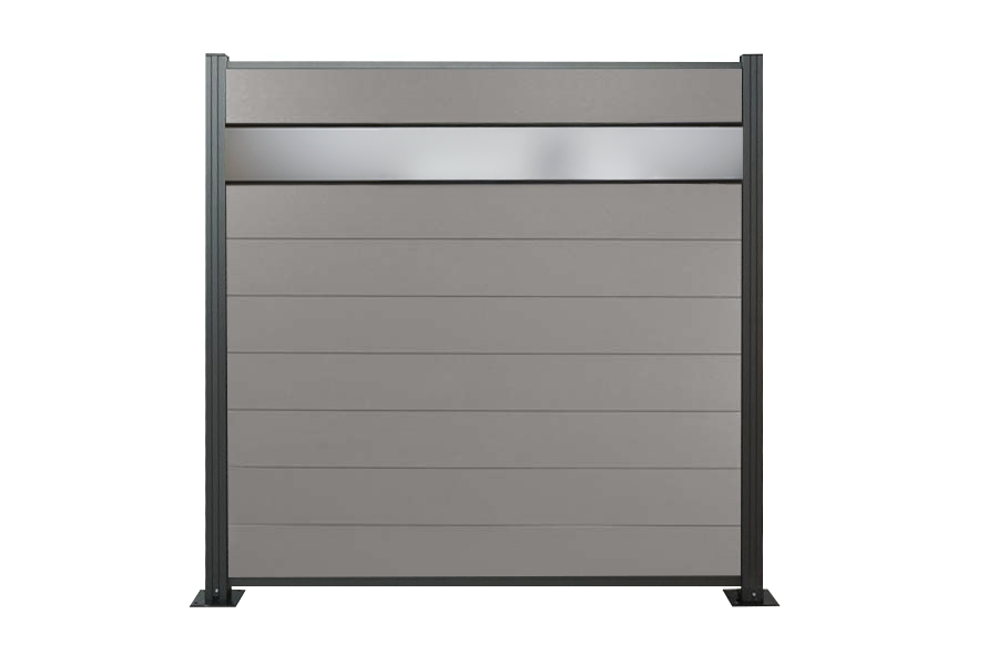 WPC Zaun, grau, Komplettset mit Designelement aus Kunstglas (Sicherheitsglas), 20 mm (Stärke) x 1800 mm (Breite) x 1850 mm (Höhe), Sichtschutz / Steckzaun / Modulares Zaunsystem inkl. Start- und Abschlussprofil (Serie WoodoNorderney+ ohne Pfosten)