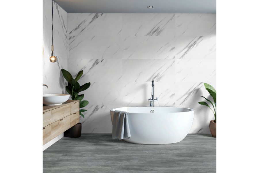 XXL Wandfliese SPC-Vinyl, Carrara‑Marmor, Hochglanz, wasserfeste Wandverkleidung für Küche und Bad, Wandpaneel mit Click-Verbindung, 1200 mm x 600 mm x 3,7 mm, (2,16 m² / Paket)