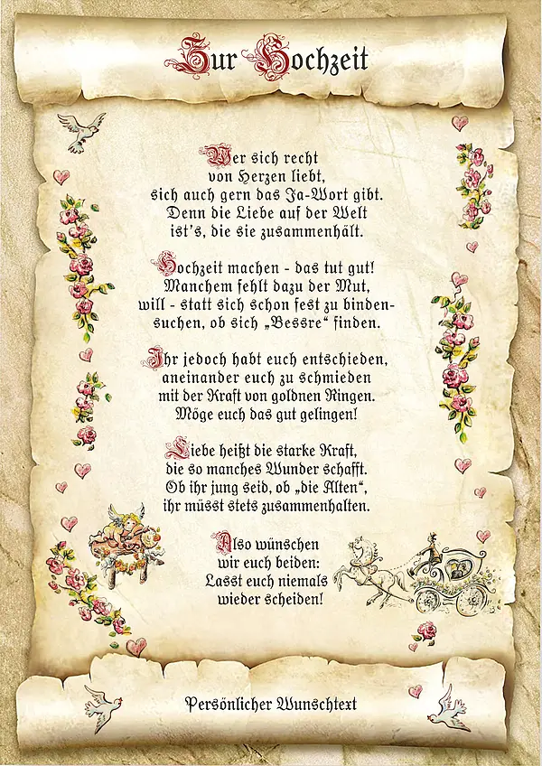 Urkunde zur Hochzeit mit Ihrem Wunschtext