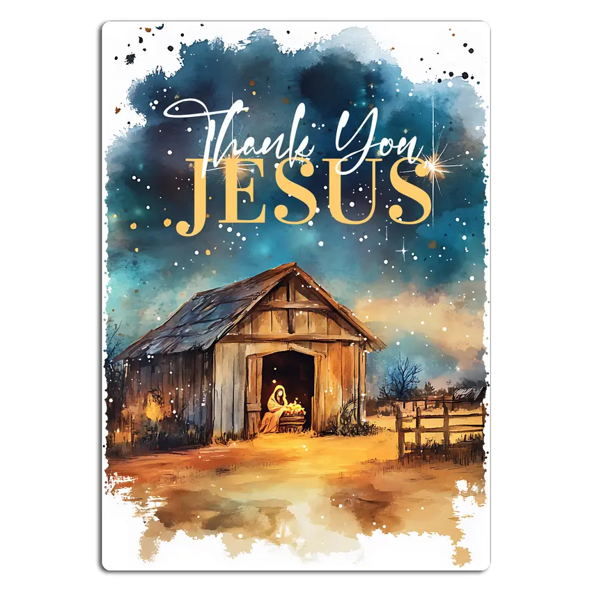 Weihnachtsgeschenk Blechschild A4 'Thank You, Jesus' | Krippe im Stall