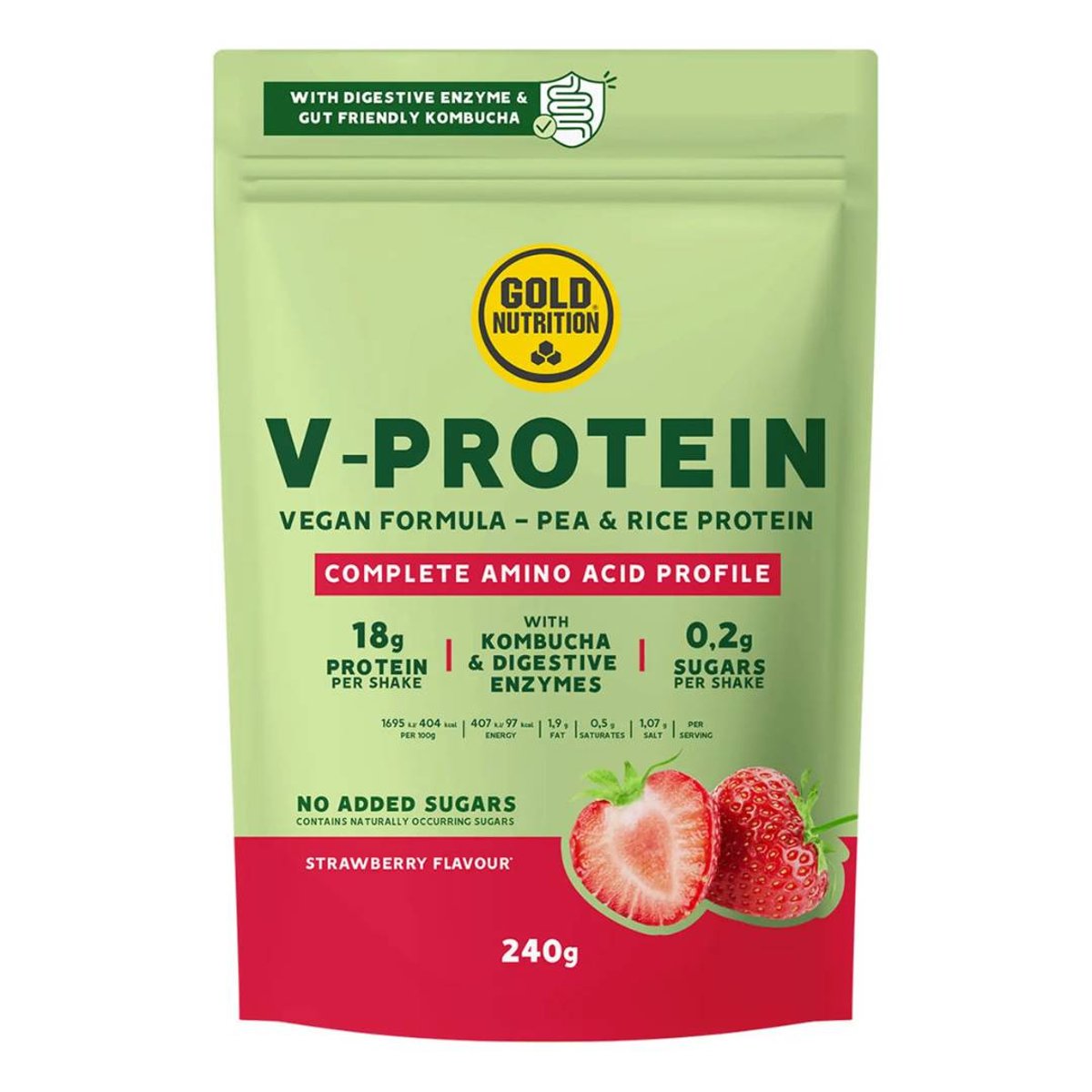 Veganes Protein GoldNutrition V-Protein Kombucha Erdbeere 240g