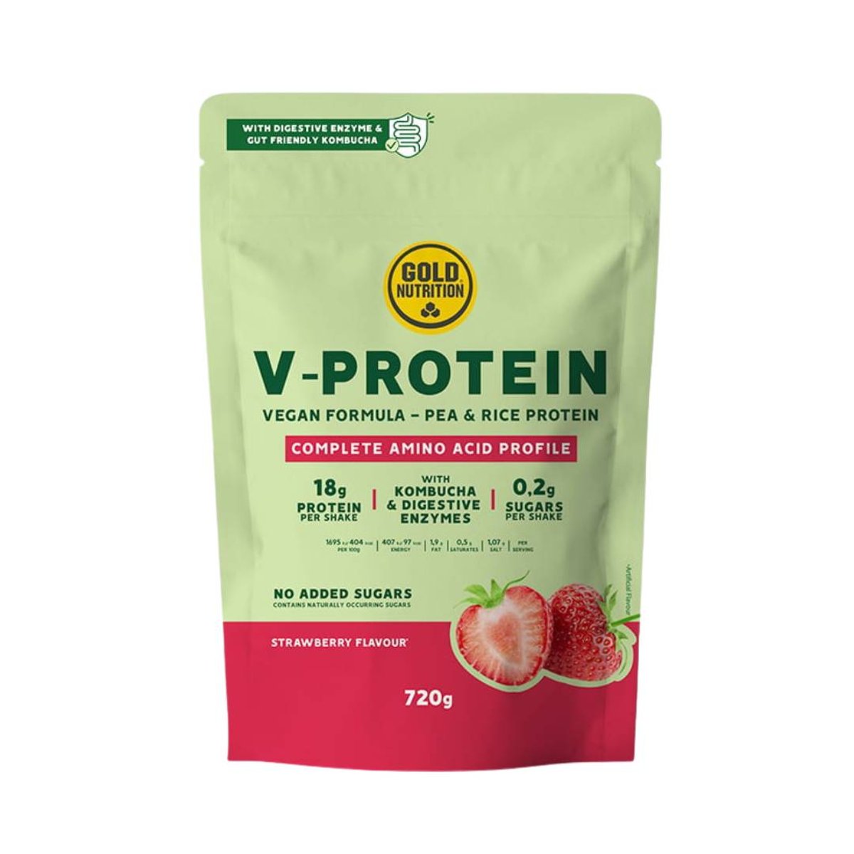 Veganes Protein GoldNutrition V-Protein Kombucha Erdbeere 720g