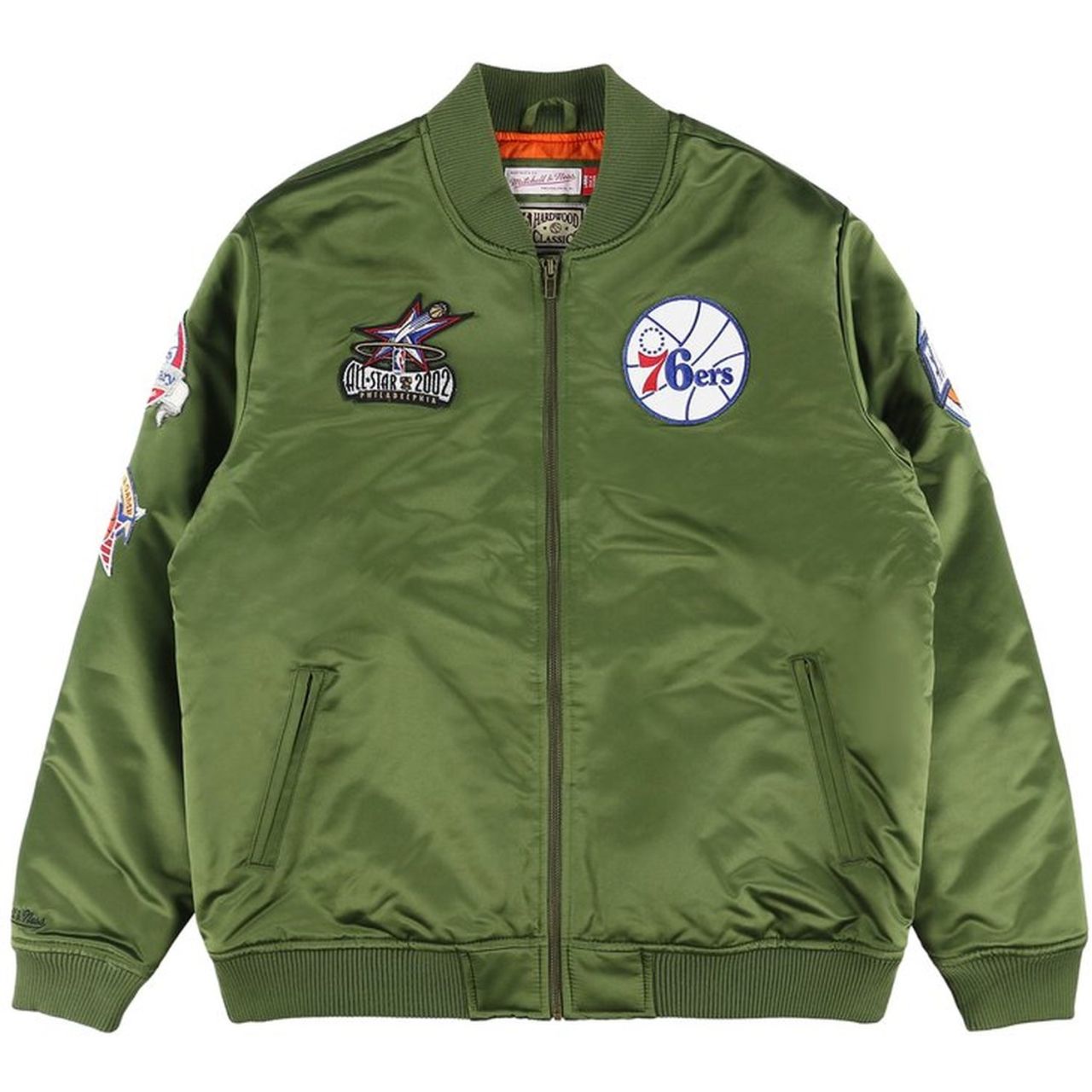M&N Satin Bomber Jacke - FLIGHT Philadelphia 76ers oliv