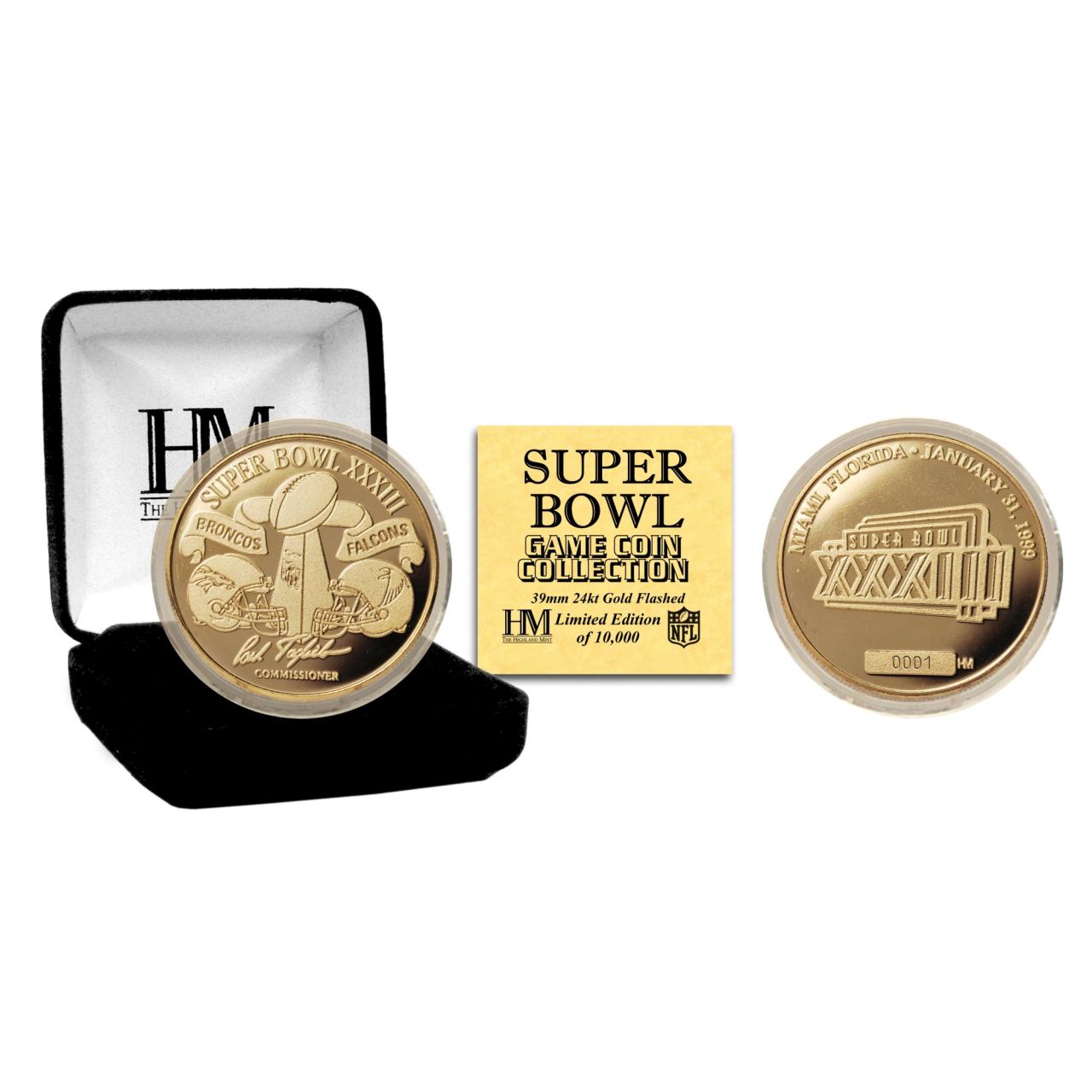 Super Bowl XXXIII Gold Flip Coin NFL Münze 39mm, vergoldet
