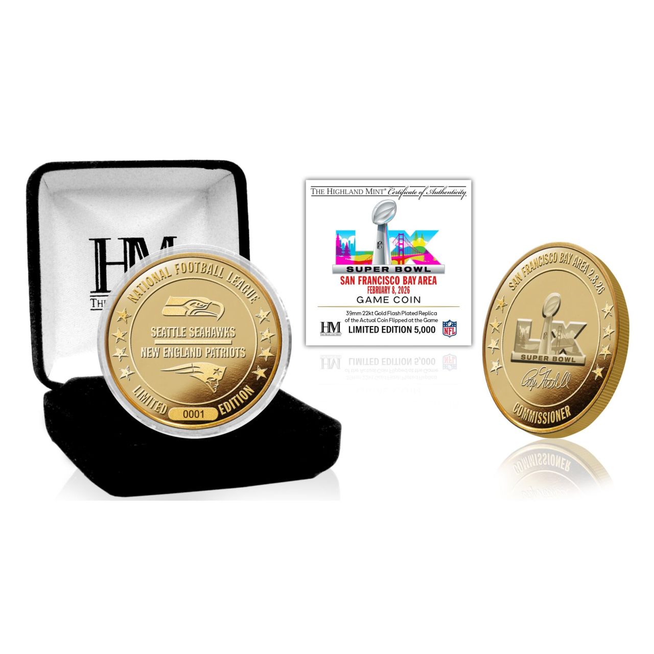 Super Bowl LX Patriots vs Seahawks Gold Mint Flip Coin Münze