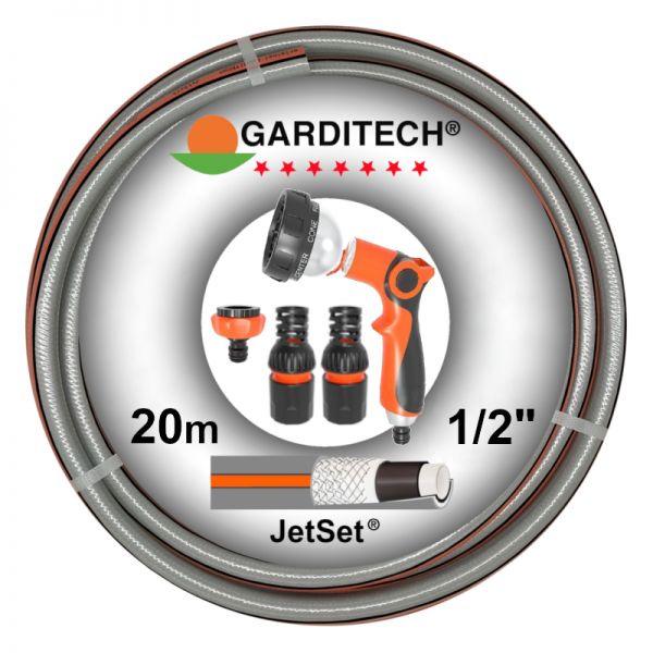 Garditech JetSet Garnitur: Premium Gartenschlauch 1/2 Zoll, 20m, 7-...