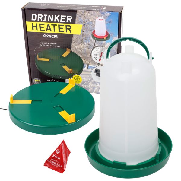 Komplettset: Tränkenwärmer Ø25cm + Geflügeltränke 3 Liter + Vitamin...