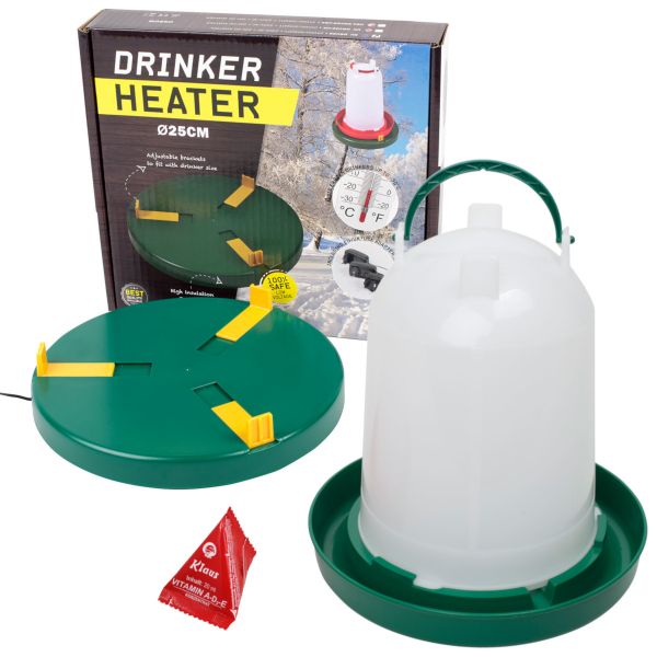 Komplettset: Tränkenwärmer Ø25cm + Geflügeltränke 6 Liter + Vitamin...