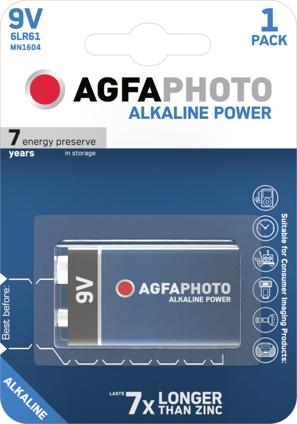 Agfaphoto Batterie Alkaline, E-Block, 6LR61, 9V Power, Retail Blister (1-Pack)