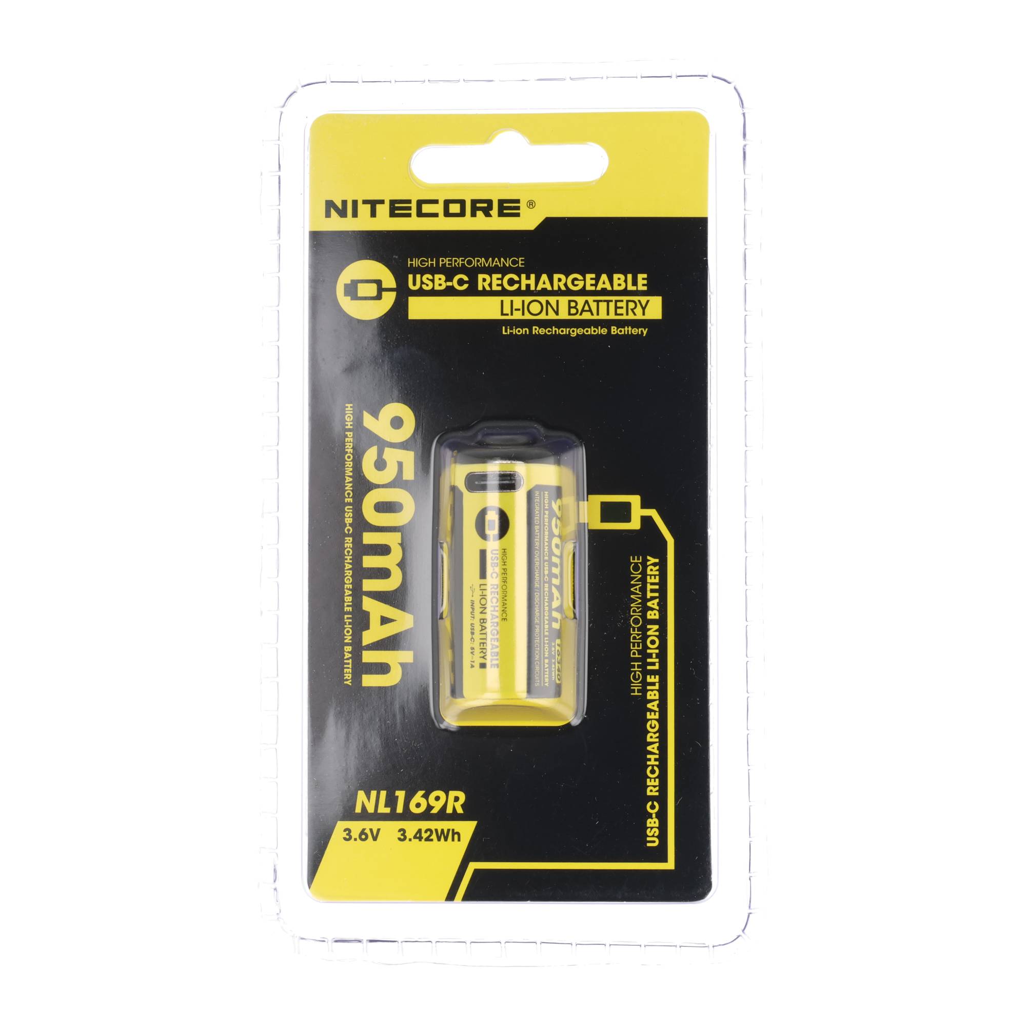 Nitecore NL169R Akku 16340 NC-NL169R Li-Ion Akku 3,7 Volt 950mAh mit Schutzschaltung, mit USB-C Ladeanschluss