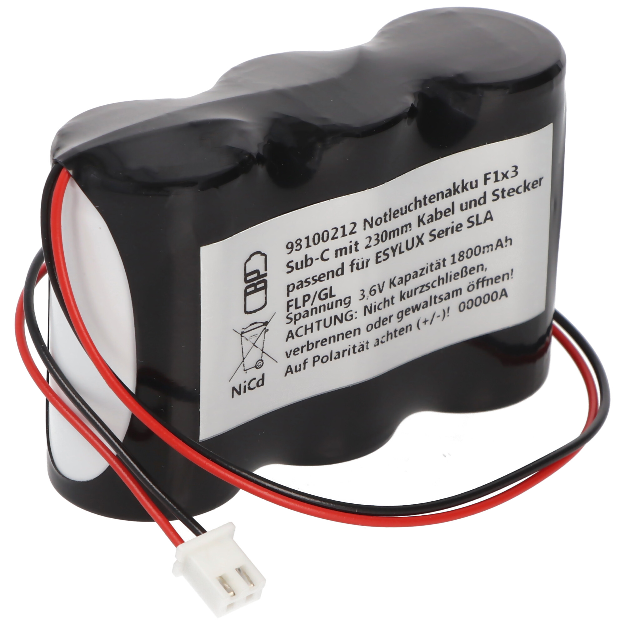 Notleuchtenakku NiMH 3,6V 1800mAh F1x3 Sub-C mit 230mm Kabel und Stecker passend für ESYLUX Serie SLA FLP/GL