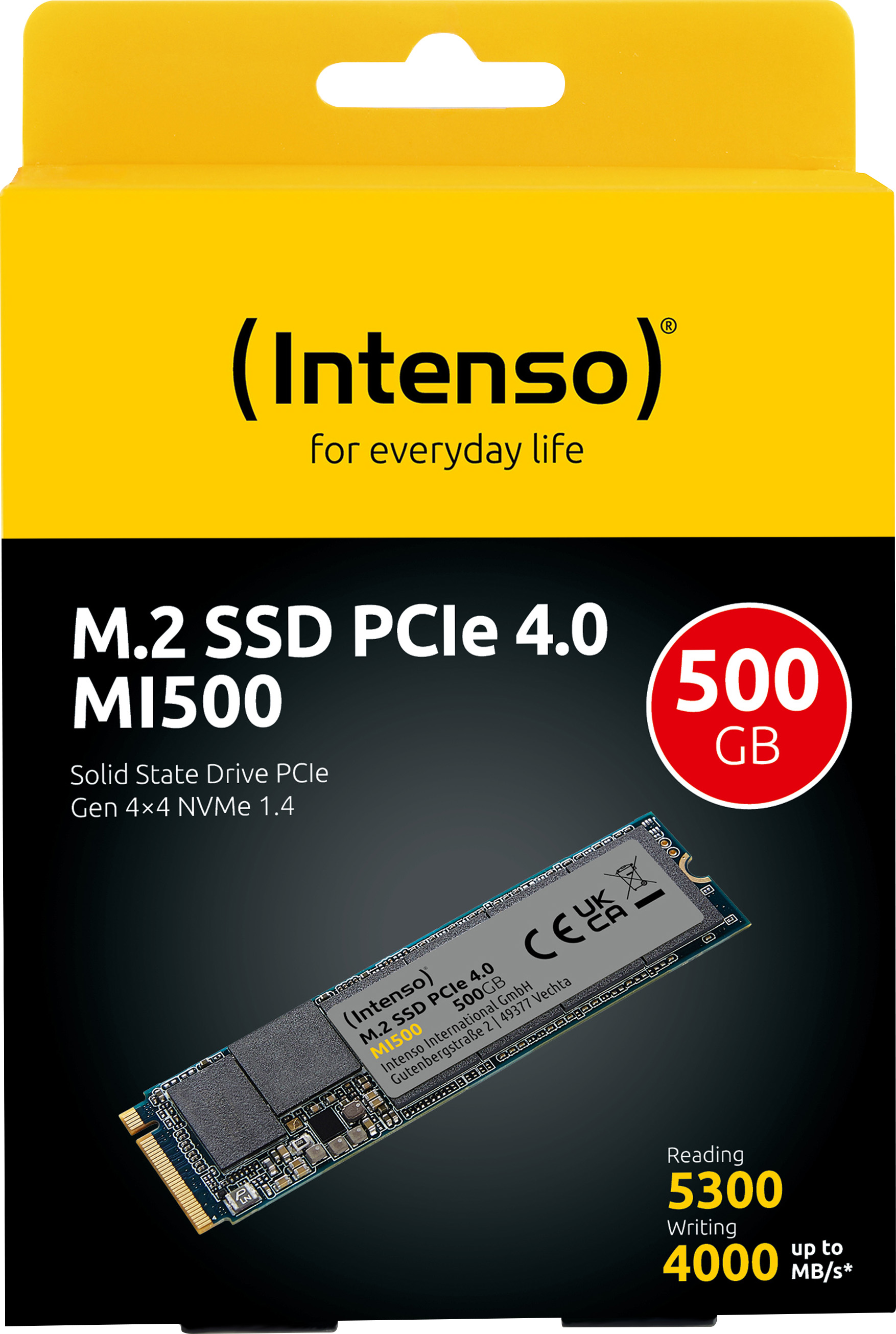 Intenso SSD 500GB, PCIe 4.0, M.2, NVMe, MI500 (R) 5300MB/s, (W) 4500MB/s, Retail