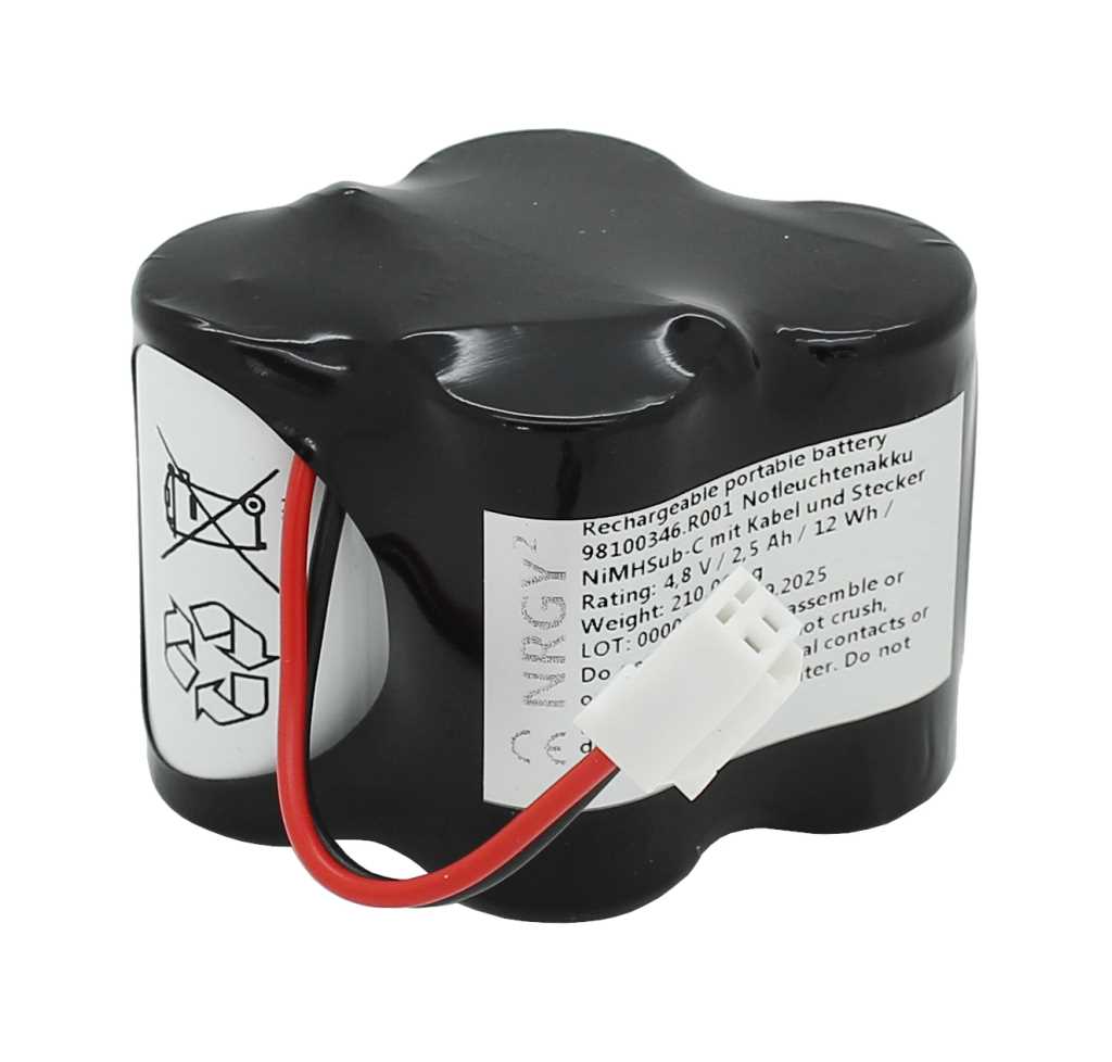 Notleuchtenakku NiMH 4,8V 2500mAh F2x2 Sub-C mit 60mm Kabel und Stecker