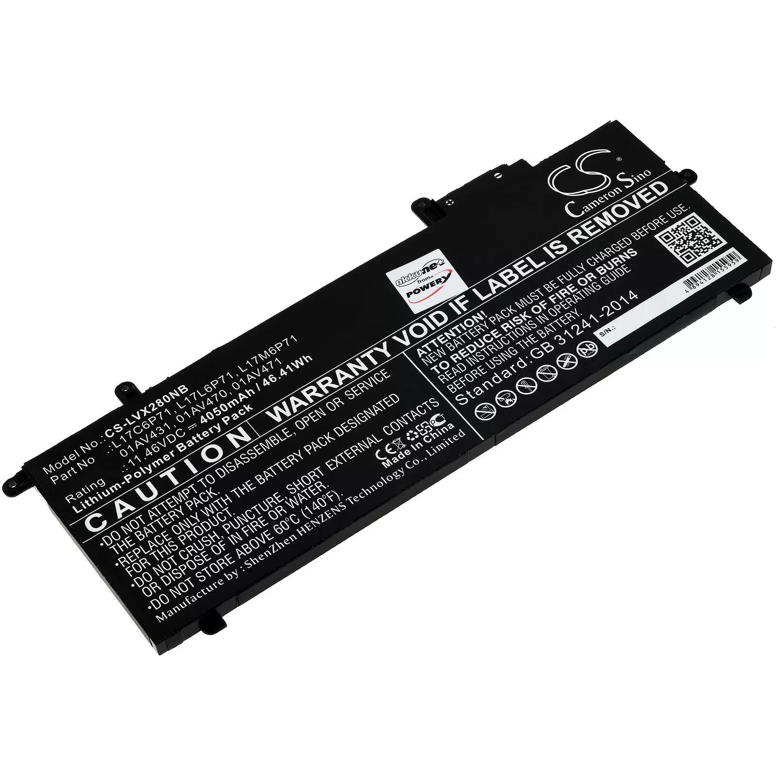 Akku passend für Laptop Lenovo ThinkPad X280, Typ 01AV470 u.a. - 11,46V - 4050 mAh