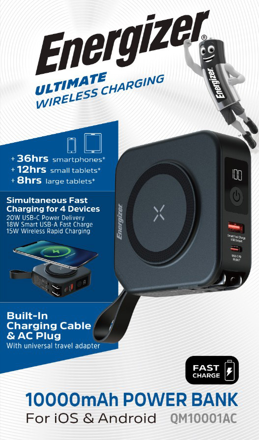 Energizer Akku Powerbank, 10.000mAh, QM10001AC, schwarz Ultimate, Wireless, Stecker, 1x USB-A/-C PD, Retail