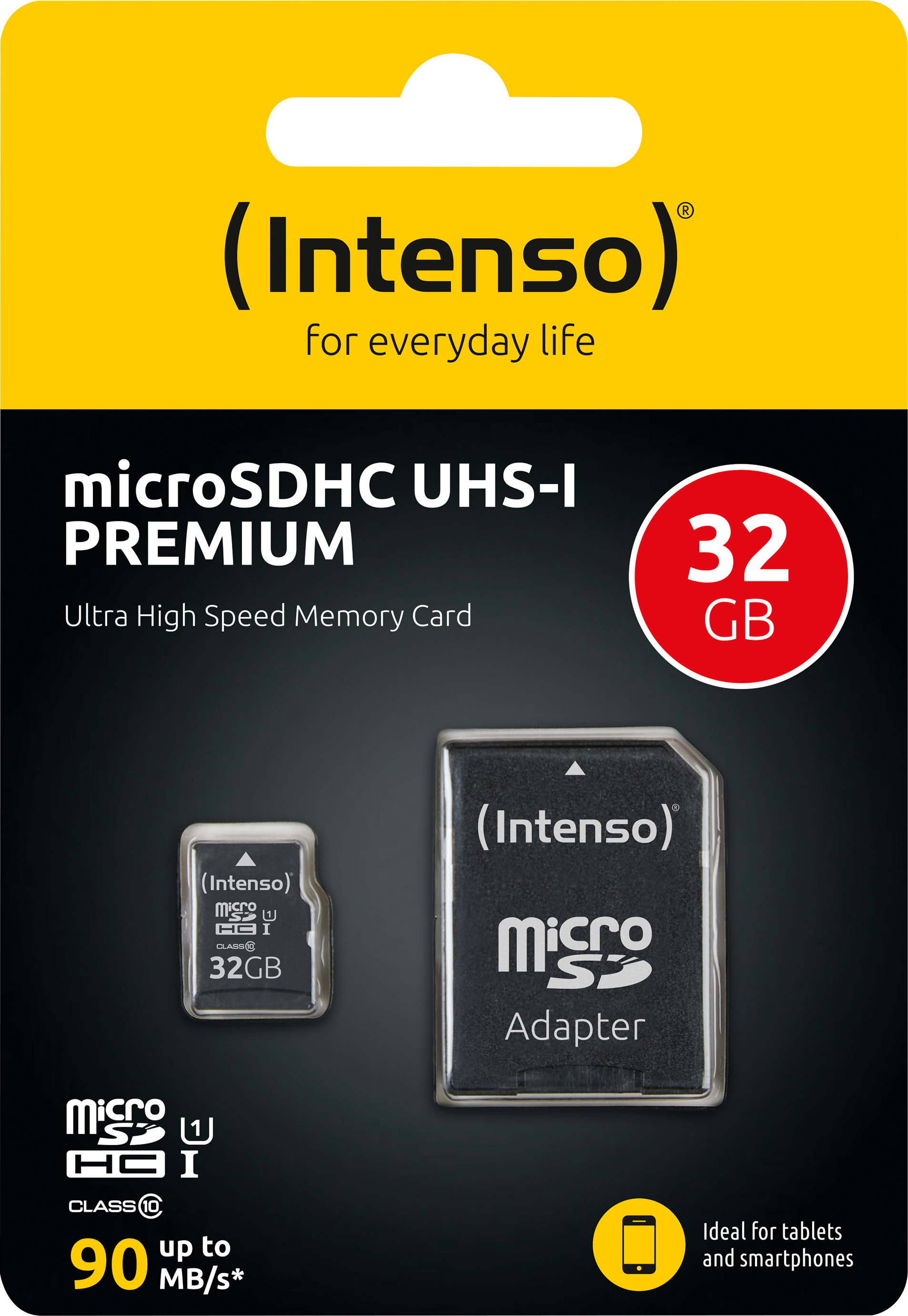 Intenso microSDHC Card 32GB, Premium, Class 10, U1 (R) 90MB/s, (W) 10MB/s, SD-Adapter, Retail-Blister