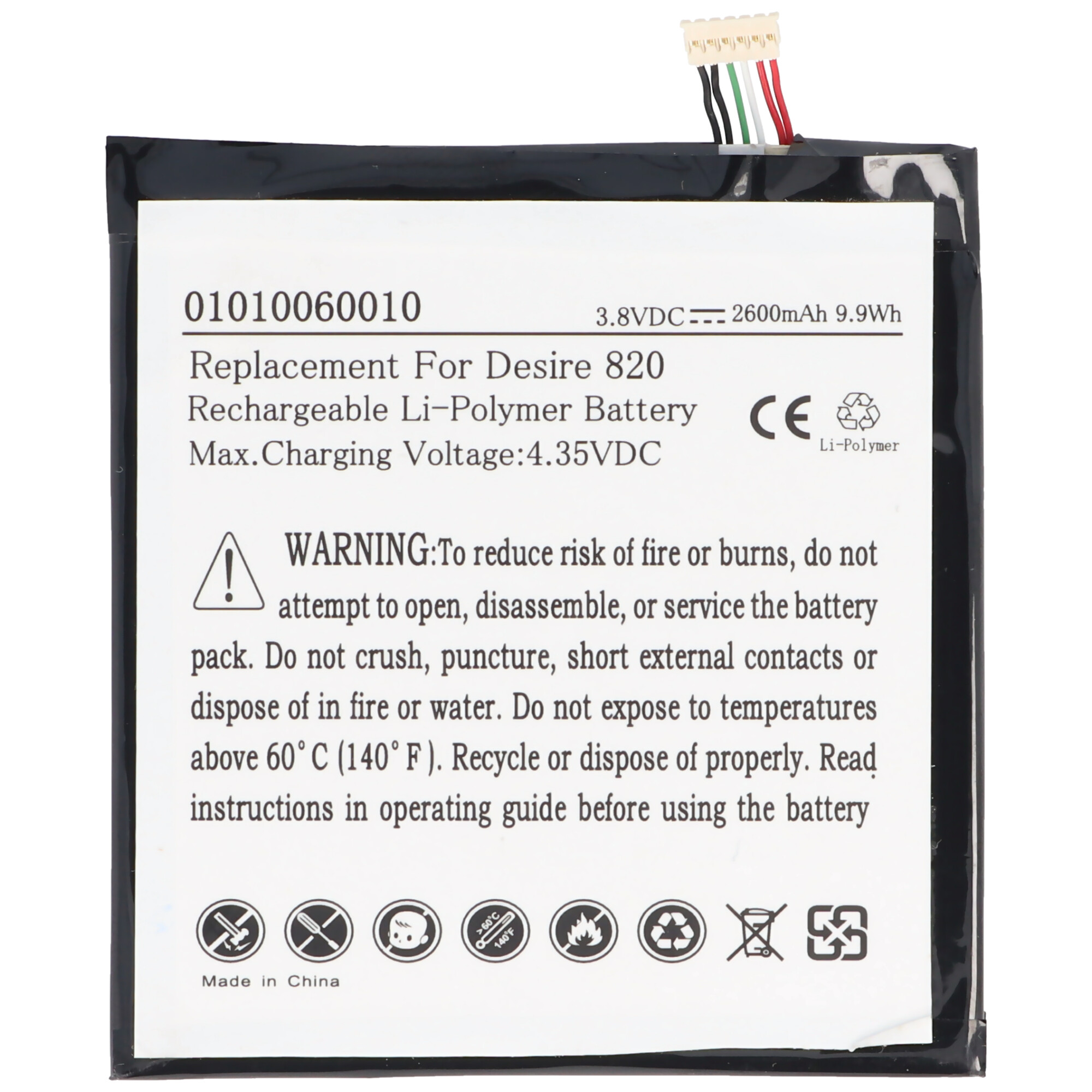 Akku passend für HTC Desire 820, Li-Polymer, 3,8V, 2600mAh, 9,9Wh, built-in, ohne Werkzeug