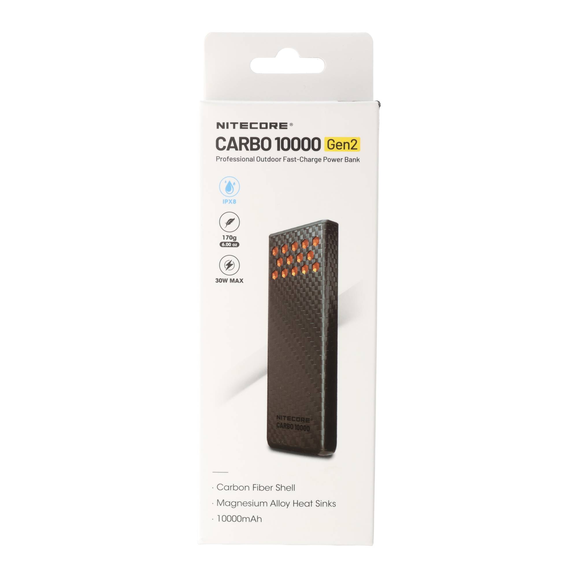 Nitecore CARBO10000 GEN2 Powerbank – 10.000 mAh Ultraleichtes Carbon-Gehäuse, Neon-Organge