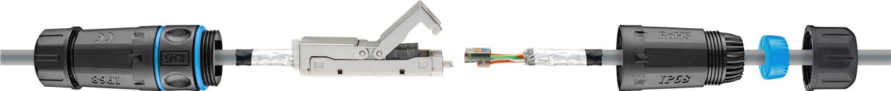 Goobay Outdoor (IP68) Netzwerkkabel-Verbinder, CAT 6A STP geschirmt - staub- und wasserdicht, Klemmleiste für LSA Montage (werkzeugfrei)