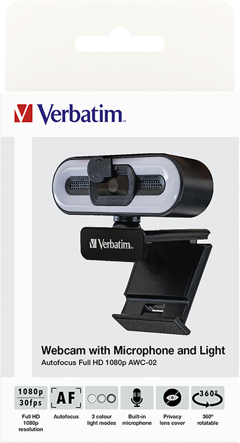Verbatim Webcam AWC-02, Full HD 1080p, schwarz 2560x1440, 30 FPS, USB, Privacy Shutter, Light, Retail