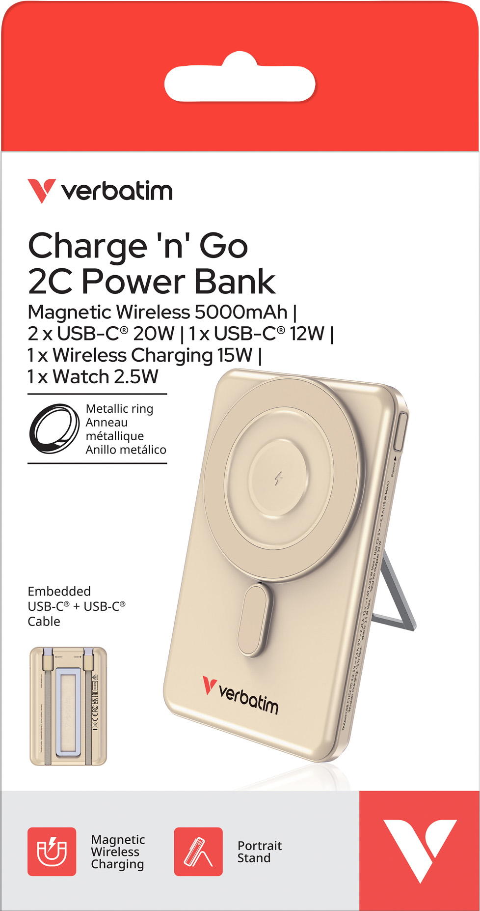 Verbatim Powerbank Charge'n'Go 2C – 5.000 mAh, magnetisches Wireless Charging, gold