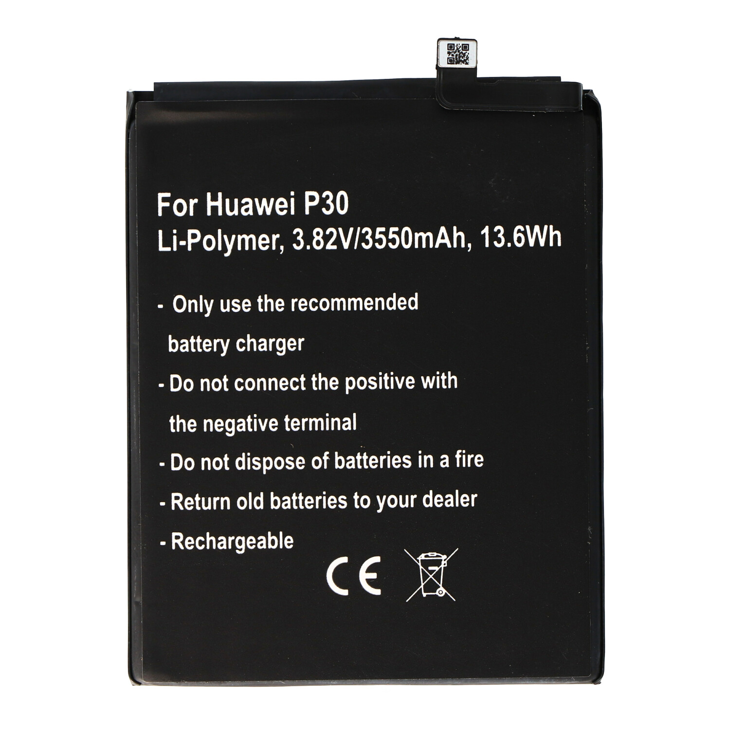 Akku passend für Huawei P30 Li-Polymer, 3,82V, 3550mAh, 13,6Wh, built-in, ohne Werkzeug