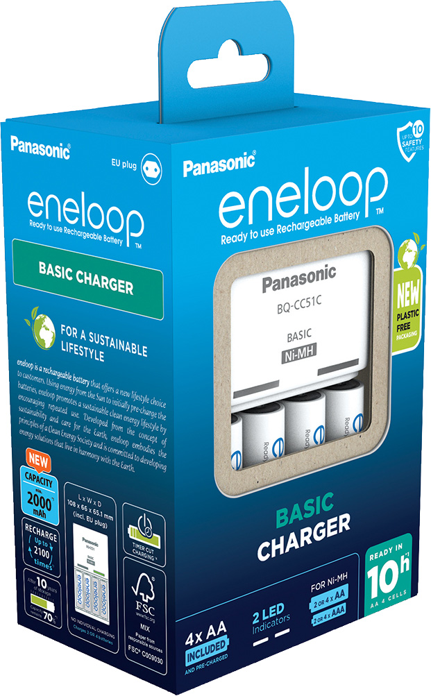 Eneloop Akku NiMH, Universal Ladegerät, Basic Charger inkl. Akkus, 4x Mignon, AA, 2000mAh, Retail-Box