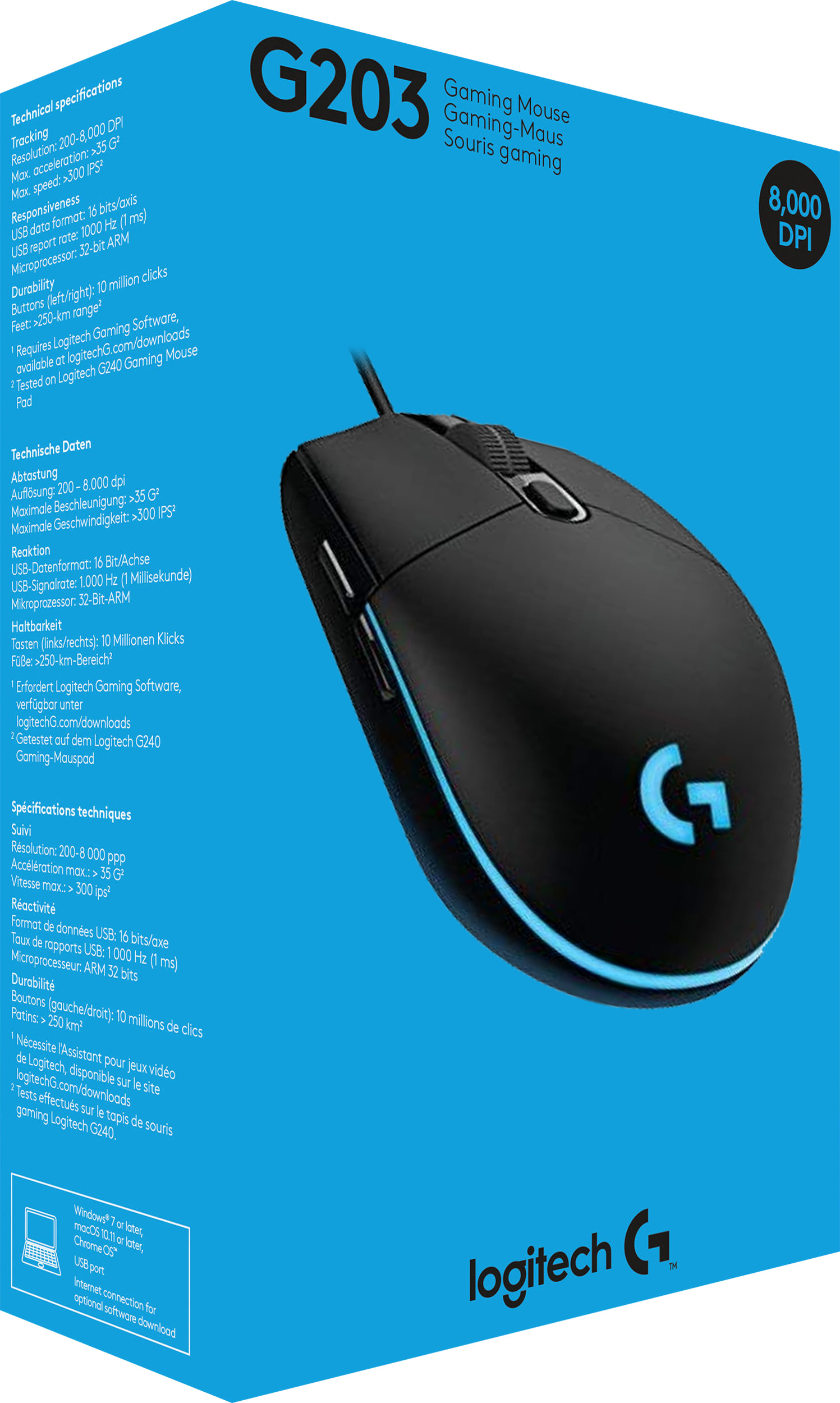 Logitech Gaming Maus G203, USB, schwarz Optisch, 8000 dpi, 6 Tasten, Lightsync, Retail