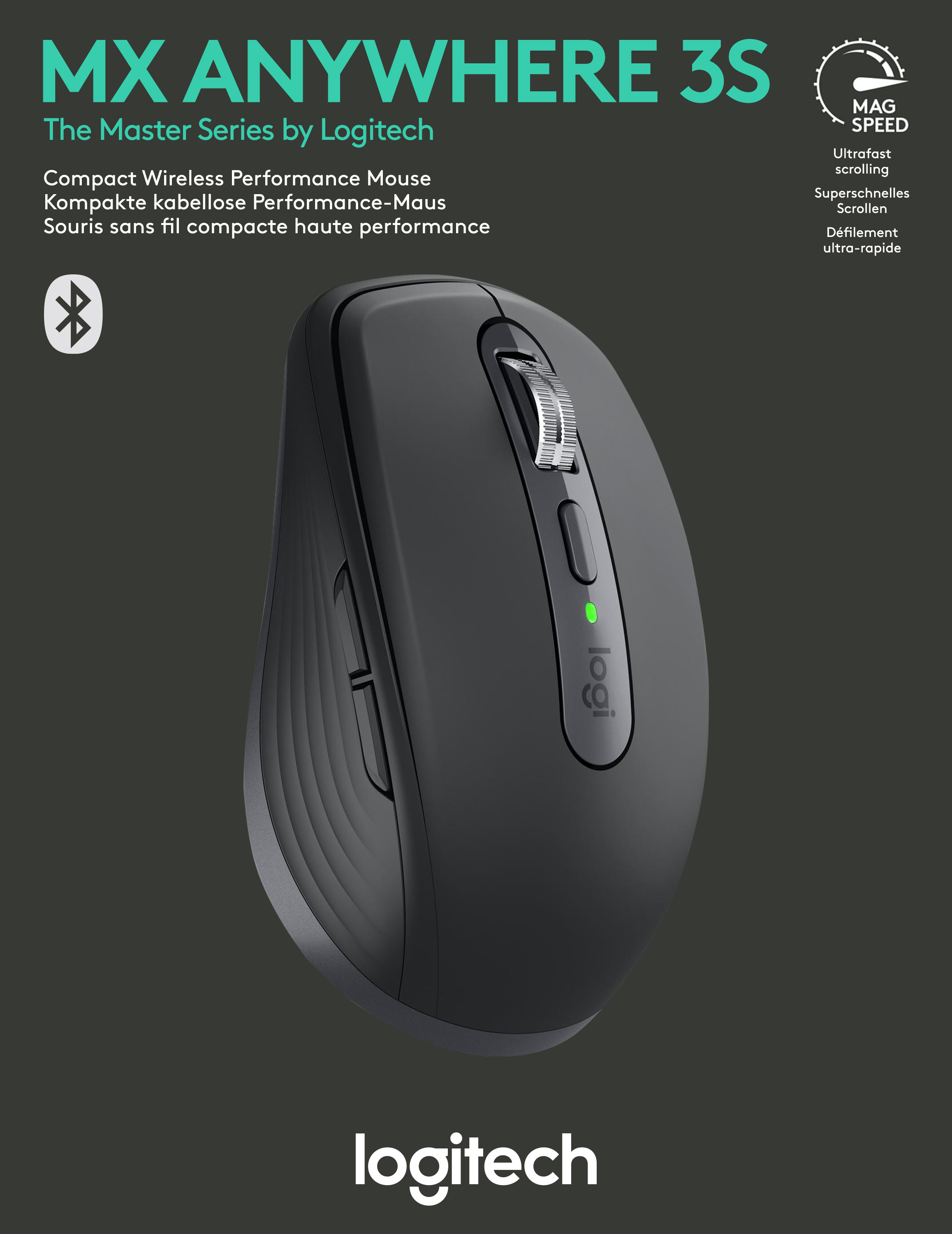 Logitech Maus MX Anywhere 3S, Wireless, Bluetooth, grafit Laser, 200-8000 dpi, 6 Tasten, Bolt, Akku, Retail
