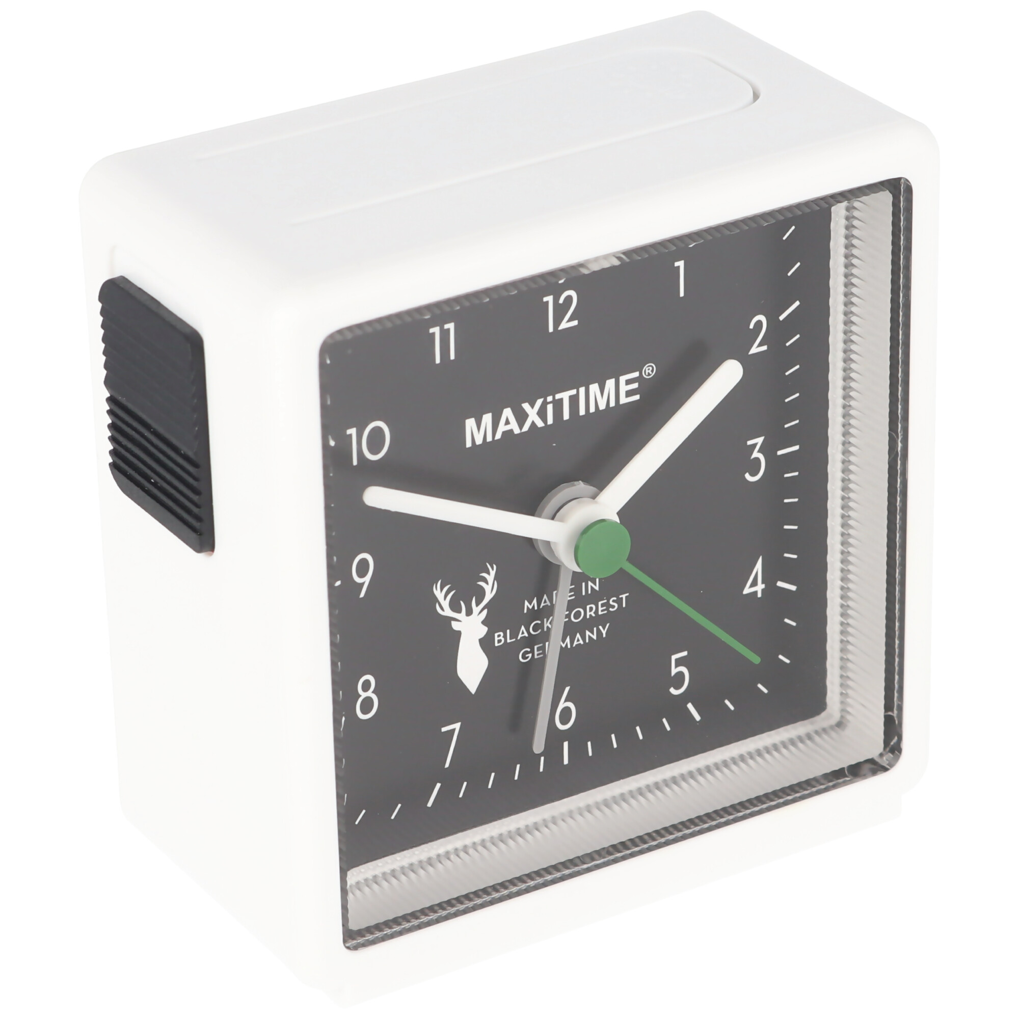 Quartz Wecker weiss mit Licht, mit schwarzem Ziffernblatt, mit Batterie, Made in Germany, Made in Black Forest